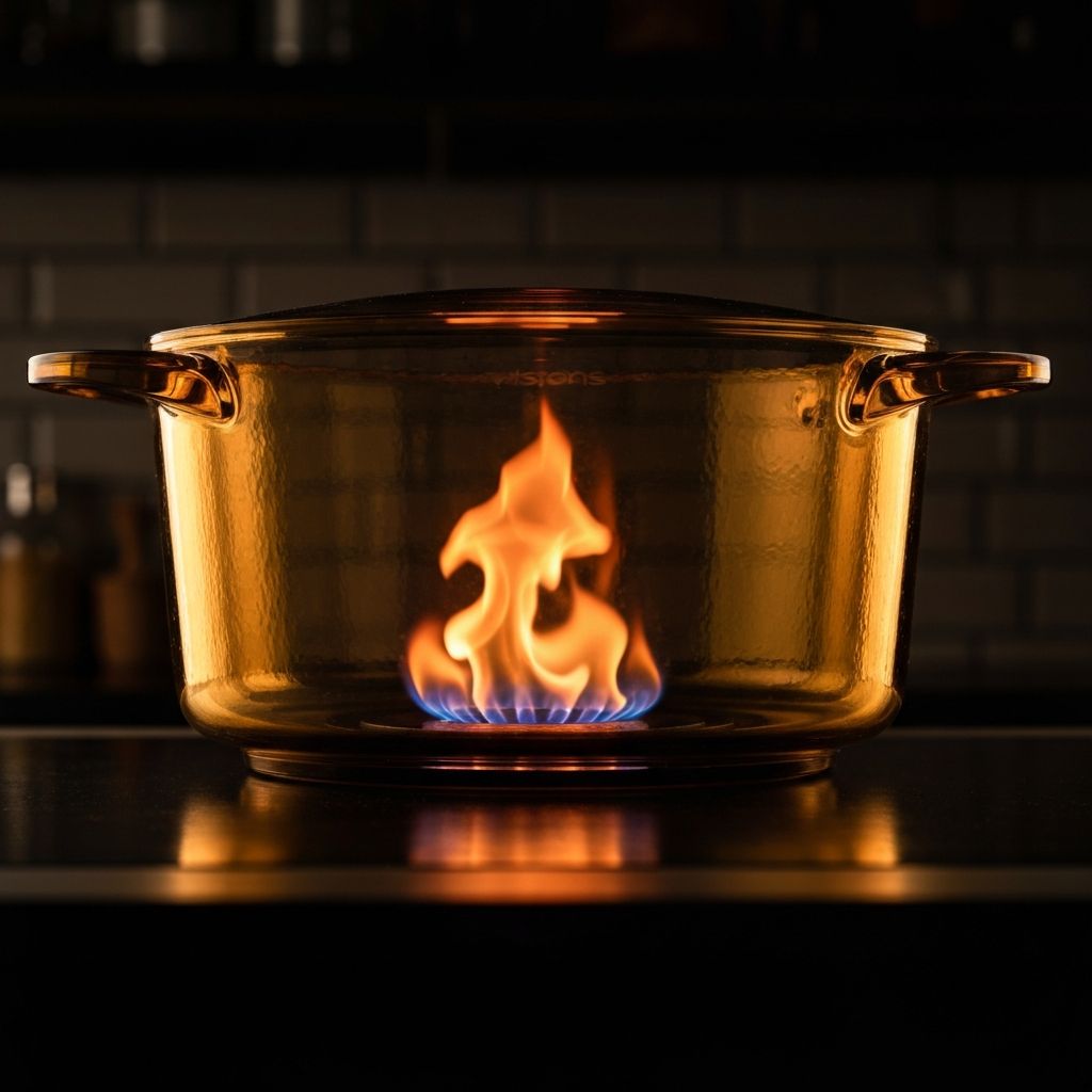 Visions glass-ceramic cookware with flame visible through the transparent glass