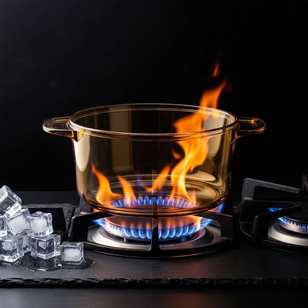 Visions glass-ceramic pot on blazing stovetop flame demonstrating thermal shock resistance