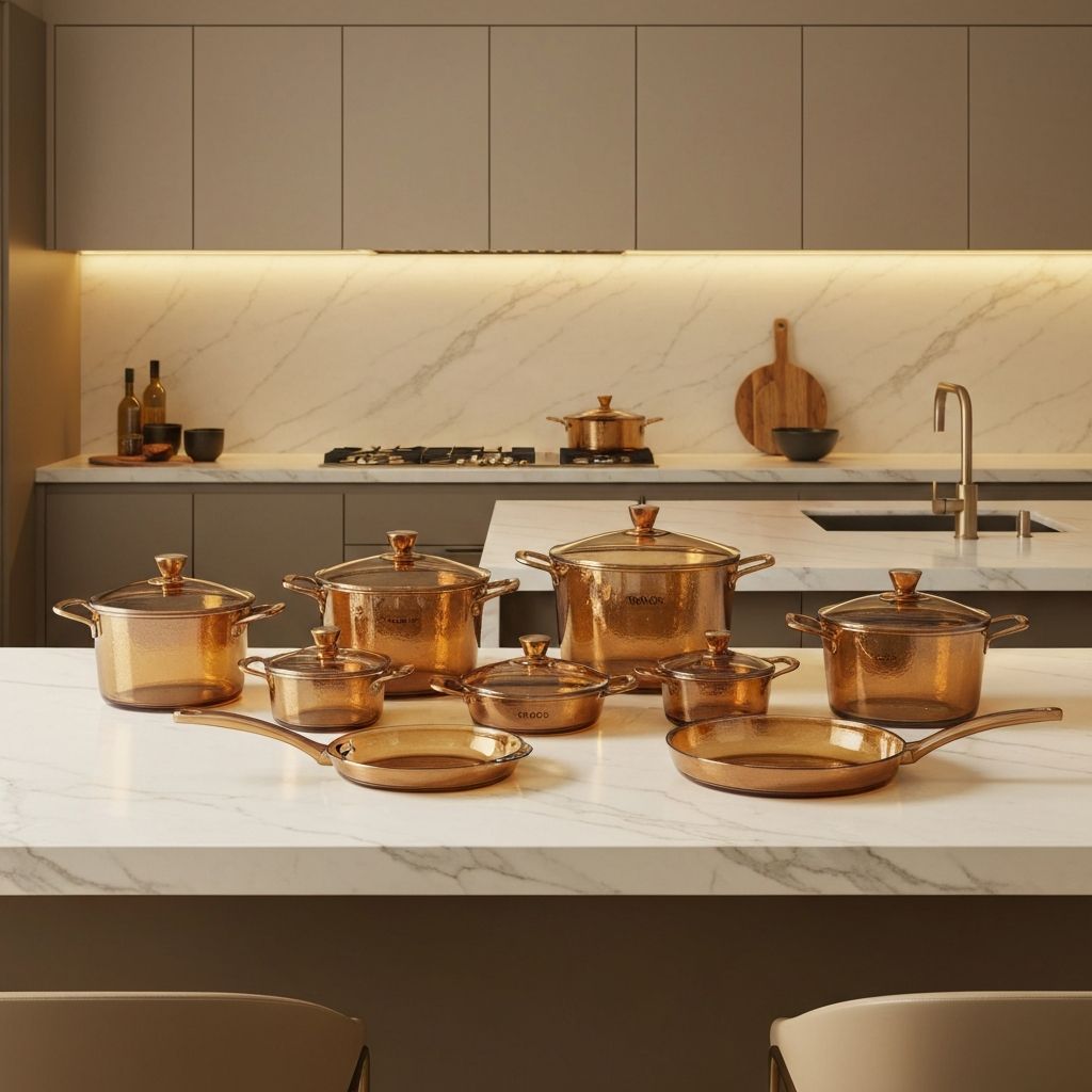 Visions cookware full collection displayed on marble counter
