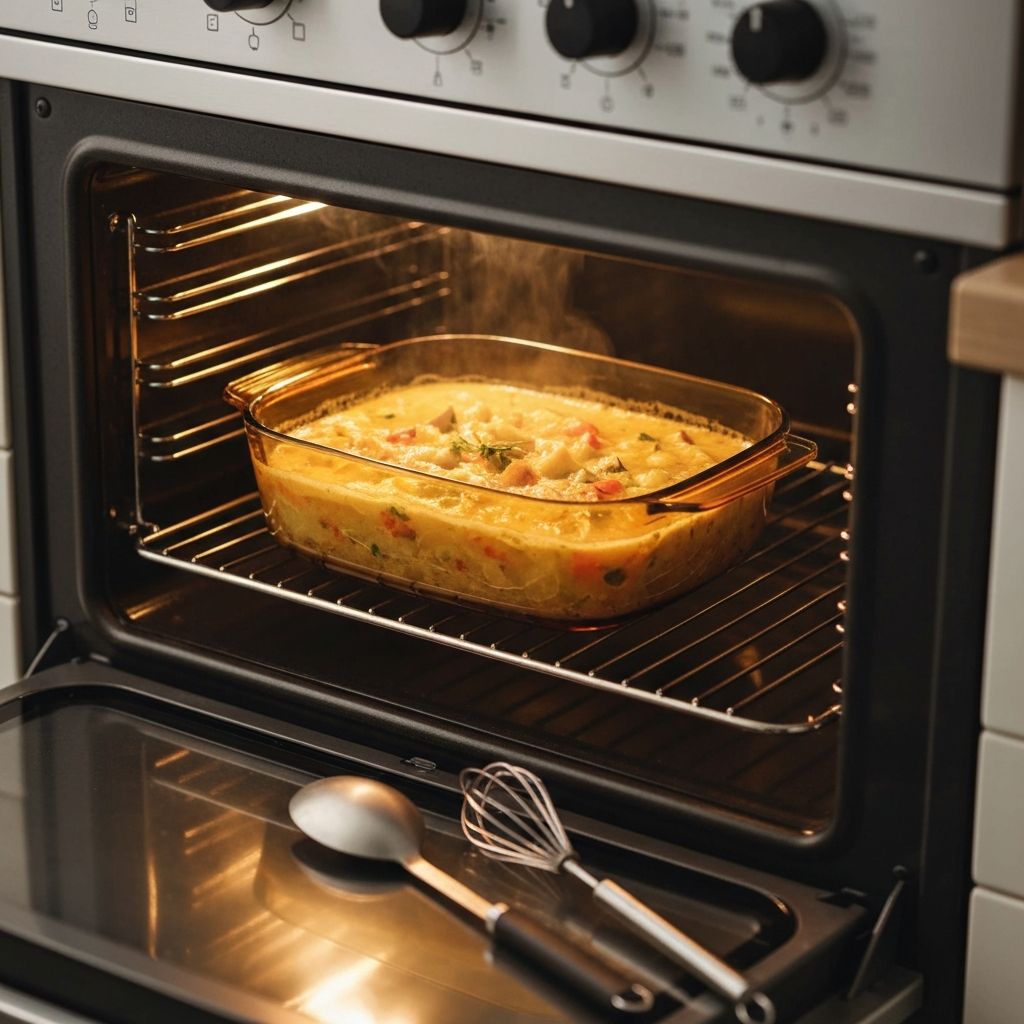 Visions glass-ceramic casserole inside an oven showing food through transparent walls